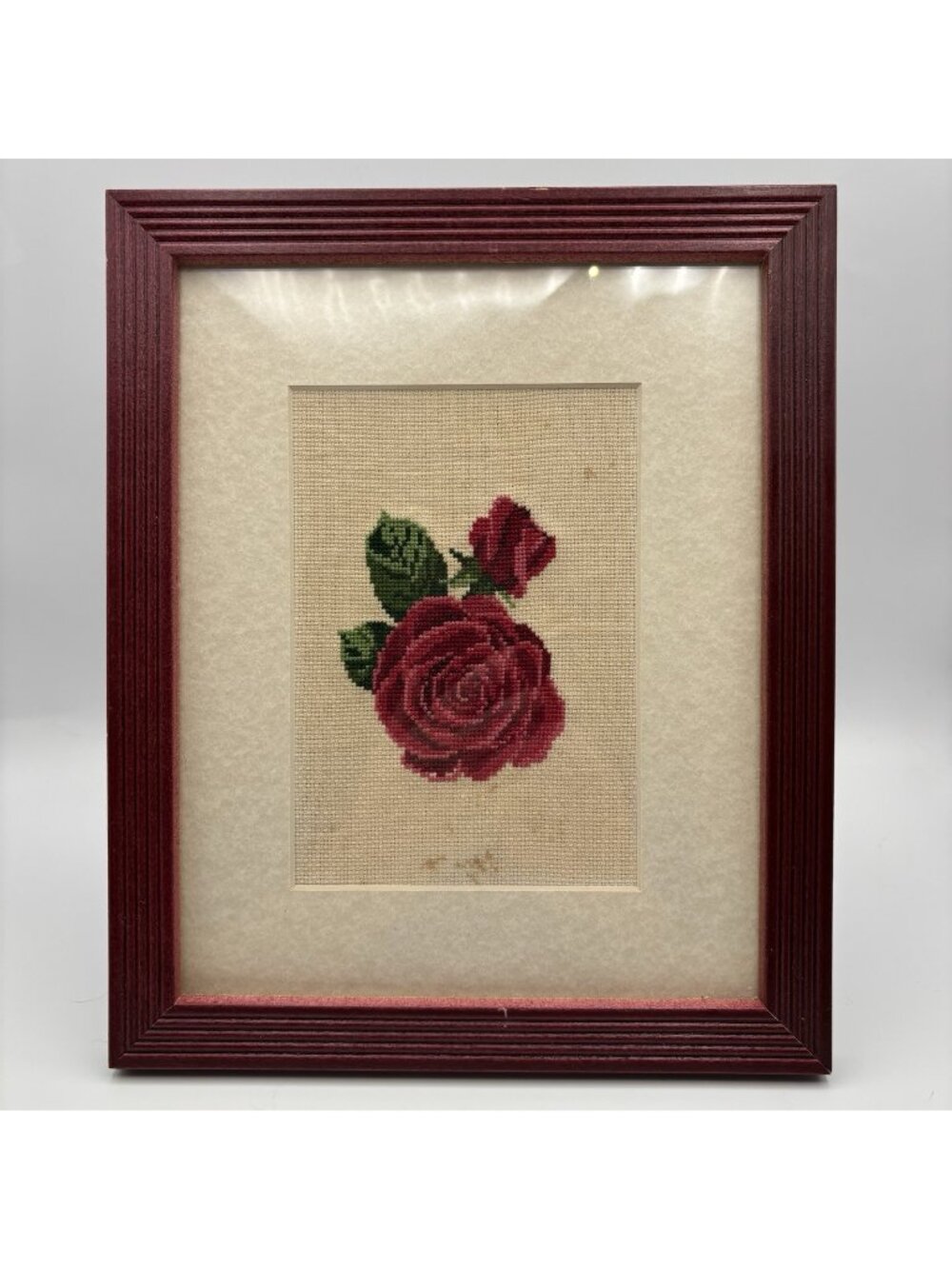 Red Rose Floral Flower Cross Stitch Needlepoint Framed Wall Hanging Art Decor